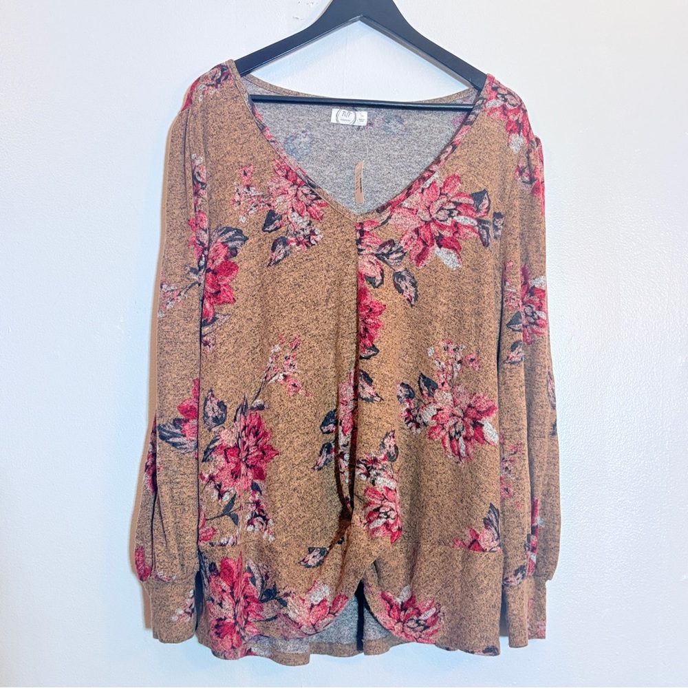 Maurices 1X Floral Boho V Neck Blouse Tan Red Long Sleeve